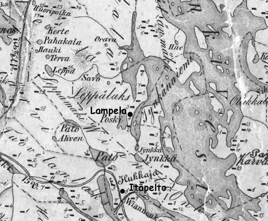 Itäpellon ja Wesalan (Lampelan) talojen sijainti